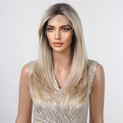 Crown & Glory Wigs   ALAN EATON Light Brown Straight Lace Front Wigs Middle Parting Ombre Blonde Lace Synthetic Wig Natural Hairline Heat Resistant