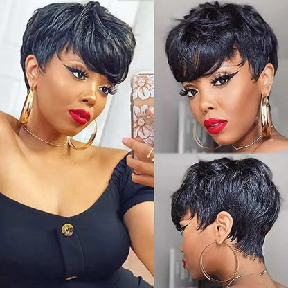 Crown & Glory Wigs  Pixie Cut 100% Full machine Human Hair Wig with Bangs for Women Short Layered Human Hair Brazilian Natural Black Hairs Cheap Wig