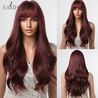 Crown & Glory Wigs EASIHAIR Dark Brown Long Wavy Synthetic Wig with Bangs Natural Wave Cosplay Daily Use Hair Wigs for Women Afro Heat Resistant