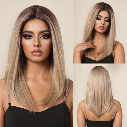 Crown & Glory Wigs   Brown Blonde Lace Front Wigs Short Straight Bob Synthetic Lace Frontal Wig with Baby Hair for Women Blunt Cut Natural Daily Hair