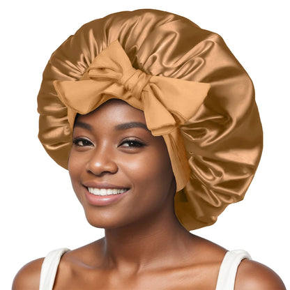 Style & Shine Hair  Satin Solid  Silky Bonnets With Long Tie Bands Elastic Shower Cap Adjustable