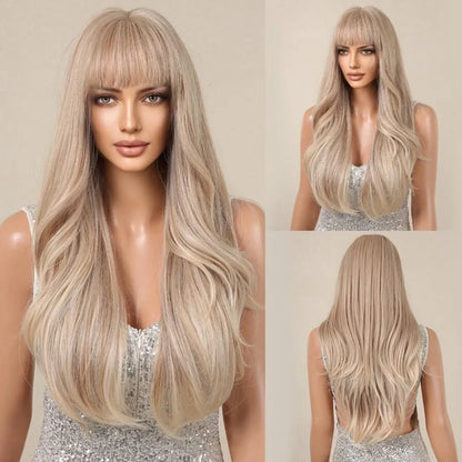 Crown & Glory Wigs   ALAN EATON Brown Blonde Layered Synthetic Wigs Long Natural Body Wavy Wig with Bangs Party Cosplay Hair for Women Heat Resistant