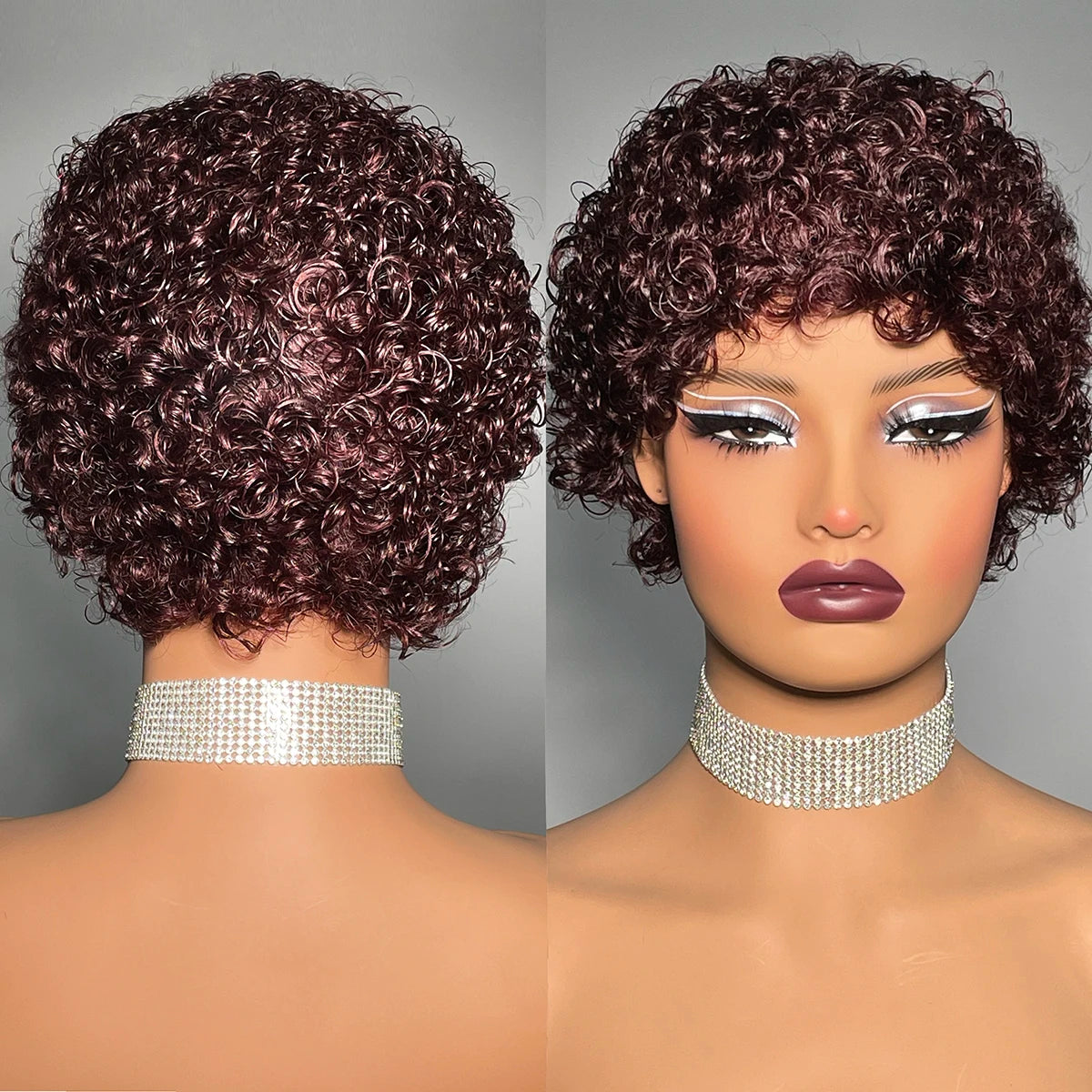 Crown & Glory Wigs Short Curly 99J Wig For Woman 100% Human Hair Wigs Full Machine Made Pixie Curl Kinky Curly Wigs