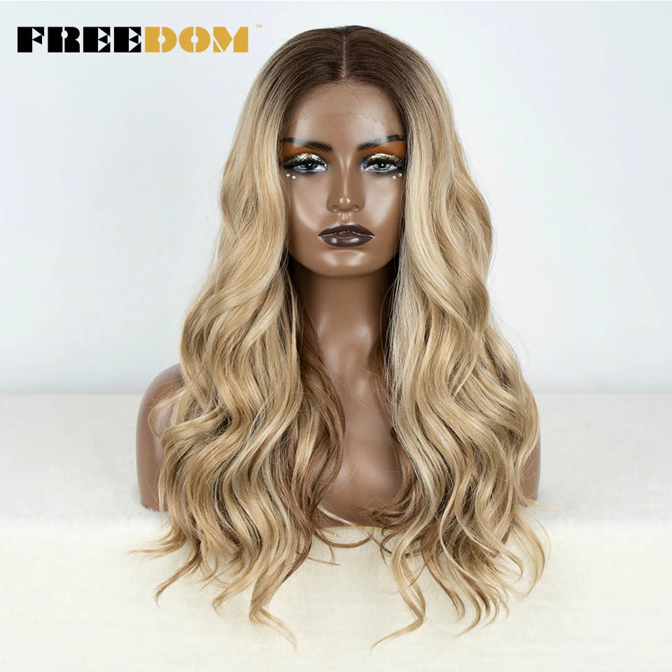 Crown & Glory Wigs   FREEDOM Synthetic Lace Front Wigs For Women Body Wave 24 Inch Wavy Wig Ombre Brown Blonde Pink Lace Wig White Cosplay Wig