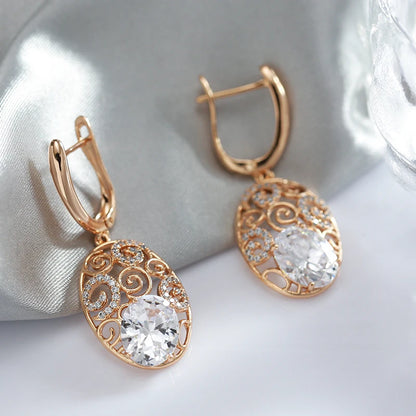 Jewellery    Rose Gold Color Crystal Flower Long Earring for Women Glossy Big Natural Zircon Drop Earring Trend Daily Jewelry