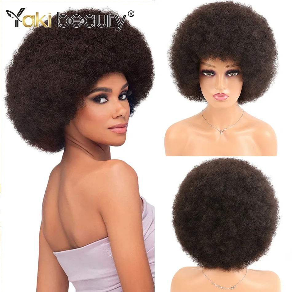 Crown & Glory Wigs Synthetic Afro Kinky Curly Wig With Bangs Big 70s Soft Afro Wig For Black Women Machine Made Cosplay Wig Natural Brown Black