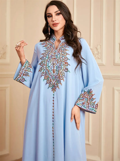 Muslim family   Siskakia Embroidery V-Neck Long Dress Dubai Arab Abaya For Muslim Woman Loose Moroccan Saudi Ethnic Jalabiya Fashion Robe 2024