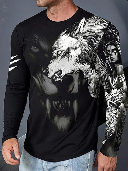 Men clothing Street Fashion Men's Long Sleeve T-shirt  Wolf Print