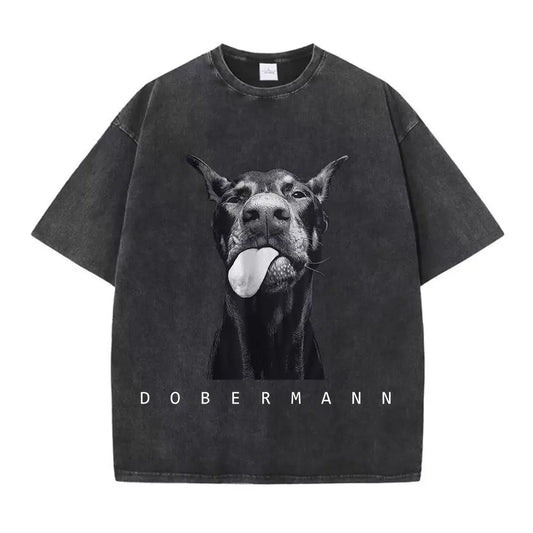 Woman clothing   Cotton Washed T-Shirts Fashion Creativity Doberman Printing Short Sleeve