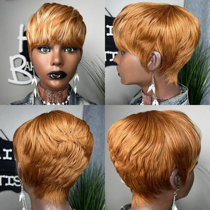 Crown & Glory Wigs  WIGERA Highlight Synthetic Short Straight Pixie Cut Hair Bob Wig Ombre Honey Blonde Mix Black Bronw Layered Hair Wigs For Woman