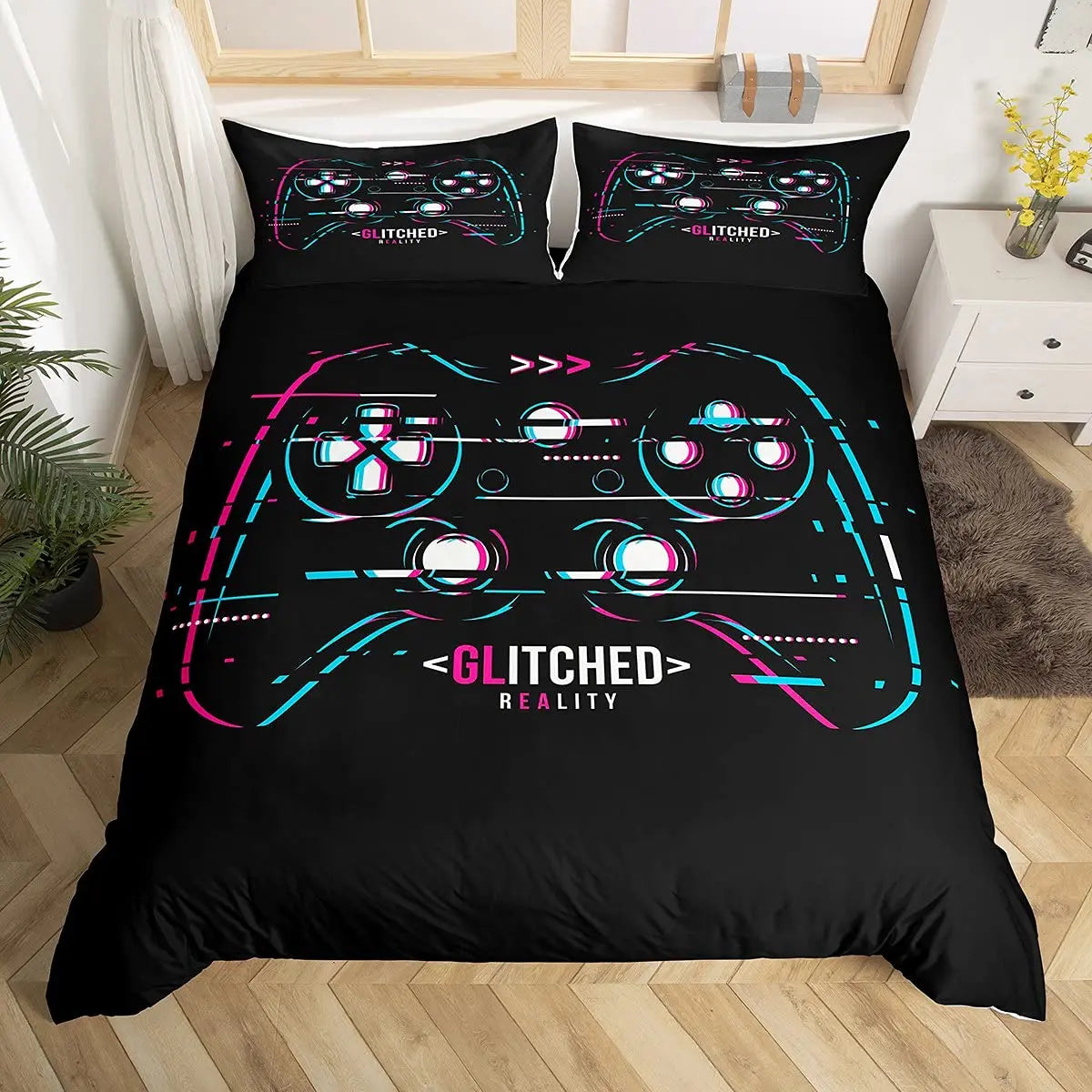 Bedroom  Teen Boys Gamer Duvet Cover Set Queen/King Size,Boys Gamepad Comforter Cover,Black Classic Retro Gaming Polyester Quilt Cover