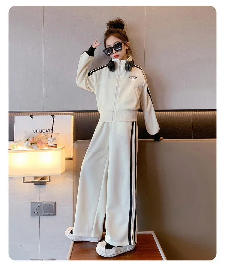 Girl clothing    Korean Spring Autumn Children Girl Sports Suit Teenager Girl Zipper Sweat Jackets+Wide-leg Sweatpants Junior Girl Tracksuit