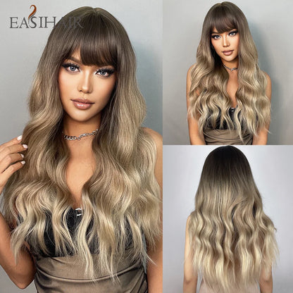 Crown & Glory Wigs EASIHAIR Dark Brown Long Wavy Synthetic Wig with Bangs Natural Wave Cosplay Daily Use Hair Wigs for Women Afro Heat Resistant