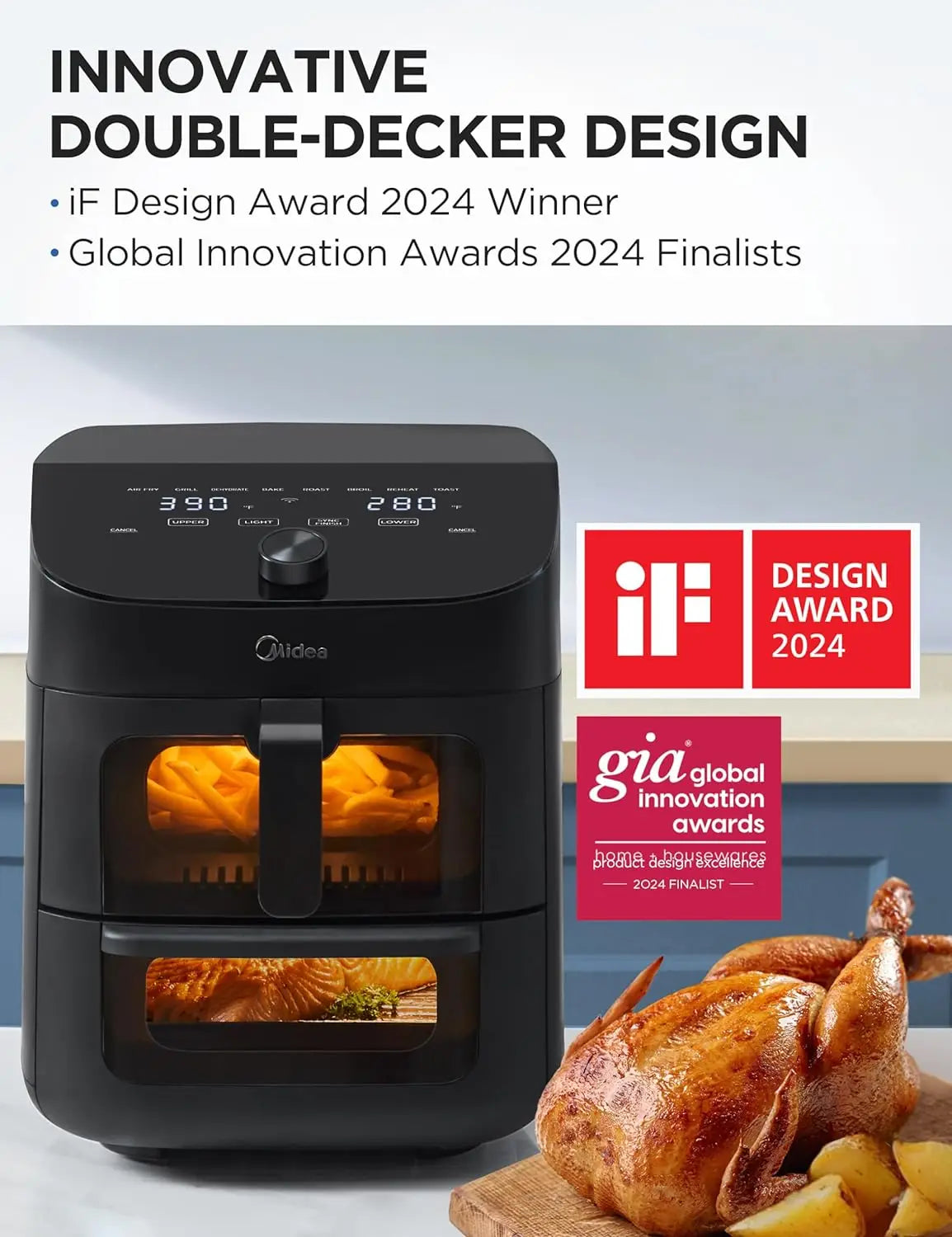 Kitchen Midea Dual Basket Air Fryer Oven 11 Quart 8 in 1 Functions Clear Window Smart Sync Finish kitchen Works with Alexa Wi-Fi Connectivity