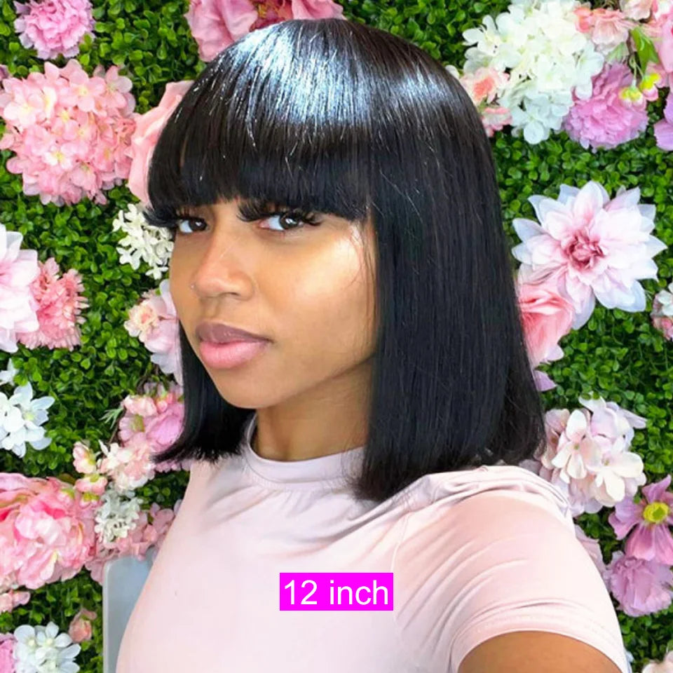 Crown & Glory Wigs  Short Bob Wig With Bangs Glue less Human Hair Wig Ready to Go Straight Hair Bob Wigs Brazilian Remy Full Machine Wigs for Women