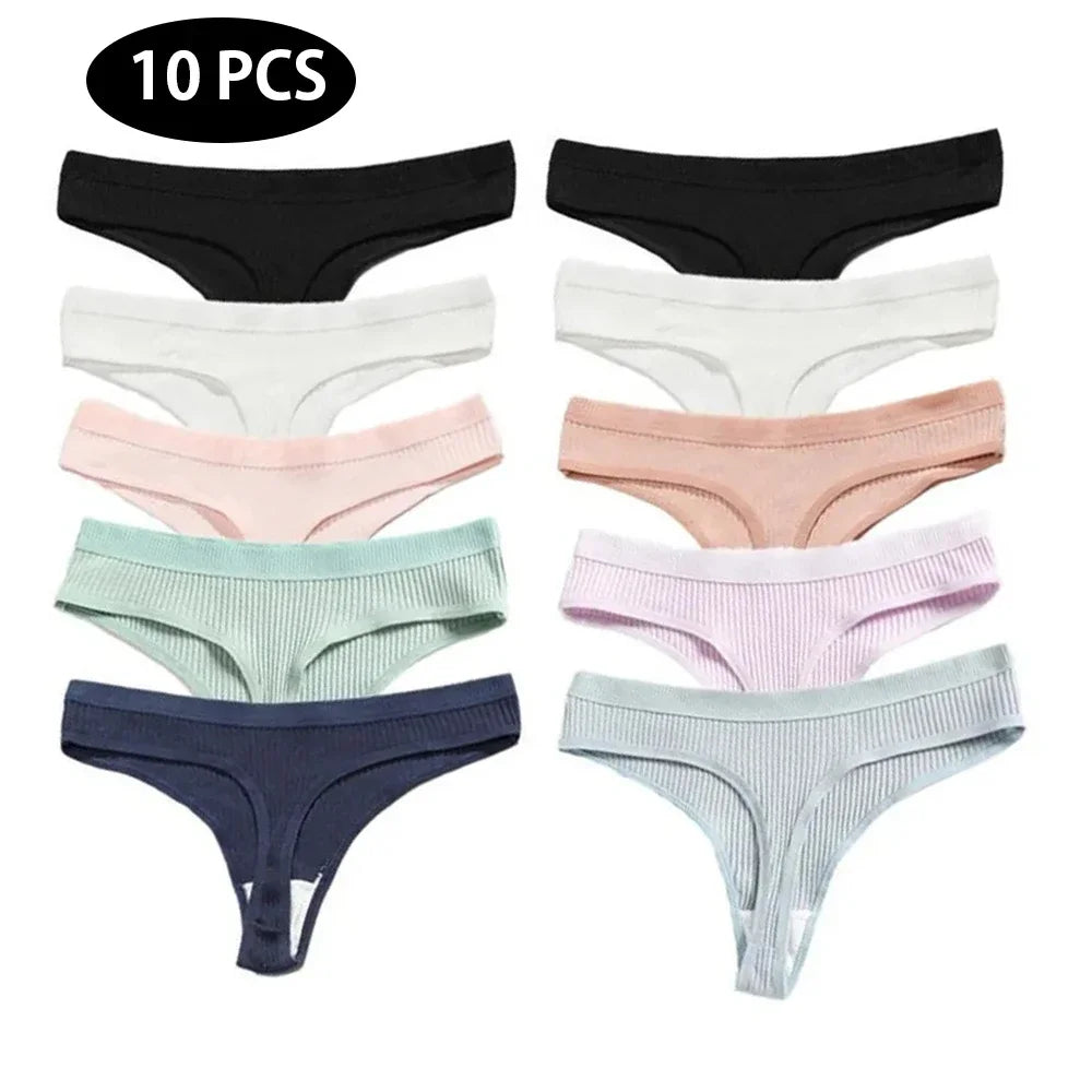 Woman clothing   10 Pcs/Set Cotton Thong Women's Panties Low Rise Sexy G-string Solid Color Classic Underwear Female Intimates Bikini Lingerie