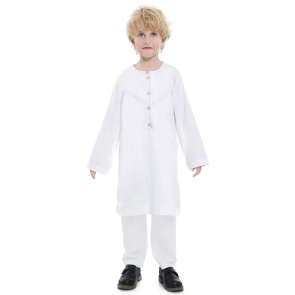 Muslim family    Muslim Kids Jubba Thobe Arab Boy Thobe Children Abaya Ramadan Dress Pant Set 2 Piece Caftan Robe Kaftan Musulman Ensembles