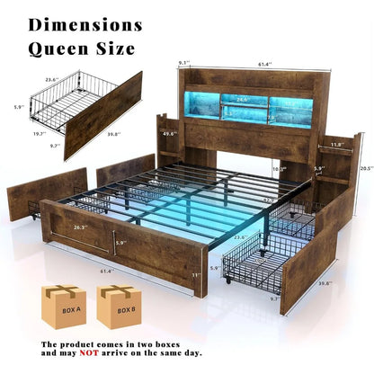 Living Room Queen Bed Frame with 49.6" Bookcase Headboard & 2 Bedside Stoage Racks & Drawers,Wood Bed Frame with RGB LED & Charging Station