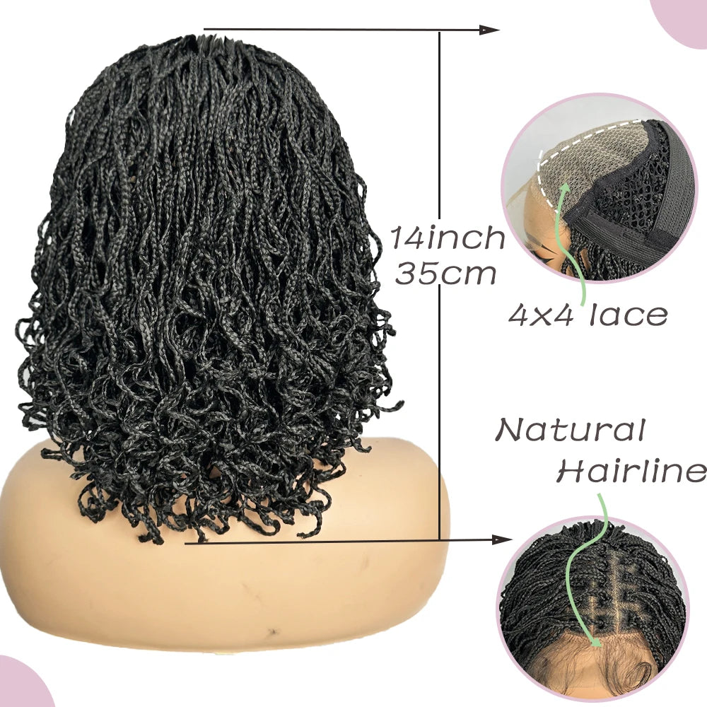 Crown & Glory Wigs Synthetic 4x4 Lace Front Braid Wig 14inch Curly Faux Locs Black Color Large Parting Space Twist Dreadlock Wigs for Black Women