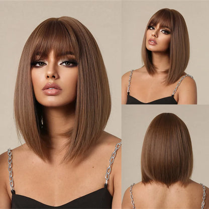 Crown & Glory Wigs  HENRY MARGU Brown Highlight Bob Wig Mixed Color Synthetic Hair for Women Natural Short Straight Wigs with Bangs High Temperature