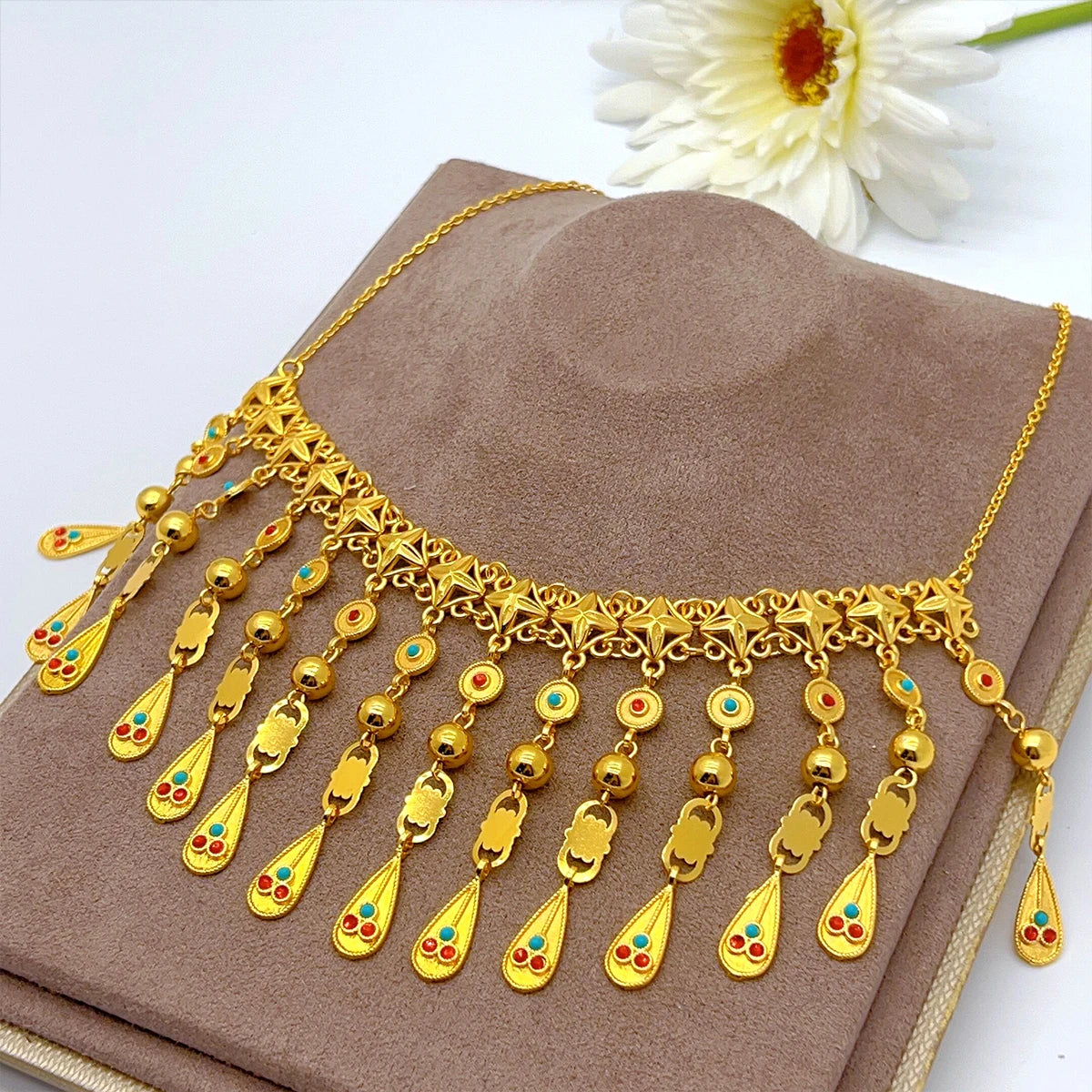 Jewellery    XuHuang African Crystal Pendant Tassel Necklace For Woman Ethiopian Bride Wedding Gold Color Jewelry Party Dubai Gifts 24K