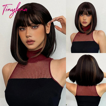 Crown & Glory Wigs Orange Short Bob Straight Synthetic Wigs with Bangs for White Women Afro Cosplay Christmas Hair Natural Daily Heat Resistant Wig