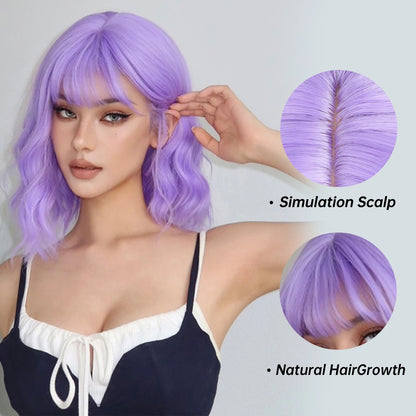 Crown & Glory Wigs   Short Synthetic Wigs Purple Blue Curly Wave Wigs with Bangs for Women Cosplay Party Halloween Colorful Bob Wigs Heat Resistant