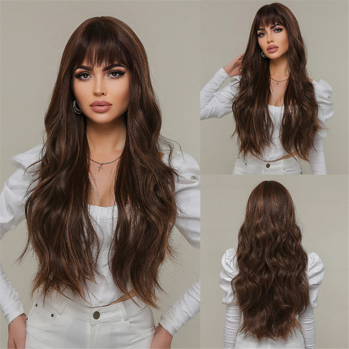 Crown & Glory Wigs EASIHAIR Dark Brown Long Wavy Synthetic Wig with Bangs Natural Wave Cosplay Daily Use Hair Wigs for Women Afro Heat Resistant