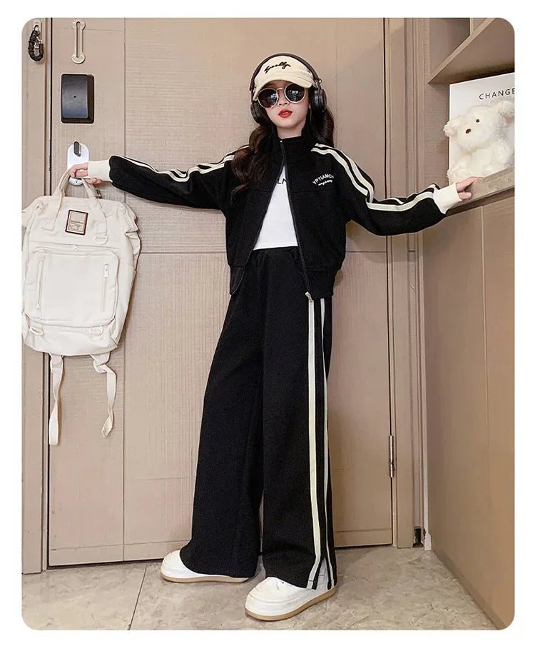 Girl clothing    Korean Spring Autumn Children Girl Sports Suit Teenager Girl Zipper Sweat Jackets+Wide-leg Sweatpants Junior Girl Tracksuit