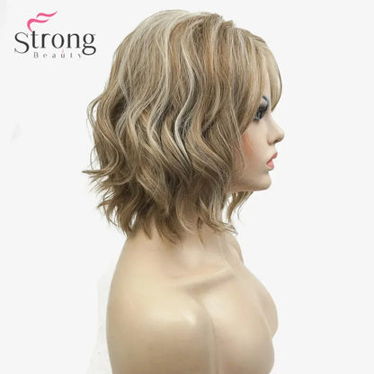 Crown & Glory Wigs   Strong Beauty Women Synthetic Wig Medium Length Curly Light golden Highlighted/Balayage Hair Natural Wigs