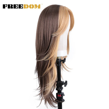 Crown & Glory Wigs   FREEDOM Synthetic Lace Front Wigs For Black Women 26 inch Straight Wigs Ombre Blond Cosplay Wig Synthetic Lace Wig With Bangs