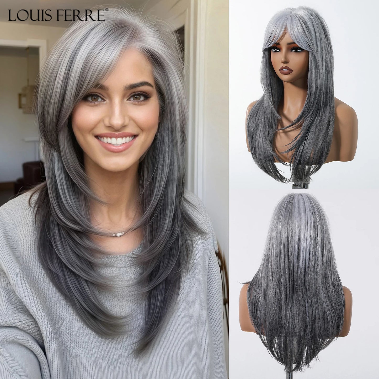 Crown & Glory Wigs  Grey White To Brown Ombre Synthetic Wigs Long Straight Layered Hair Wig For Women High Temperature Wig For Cosplay Daily Party