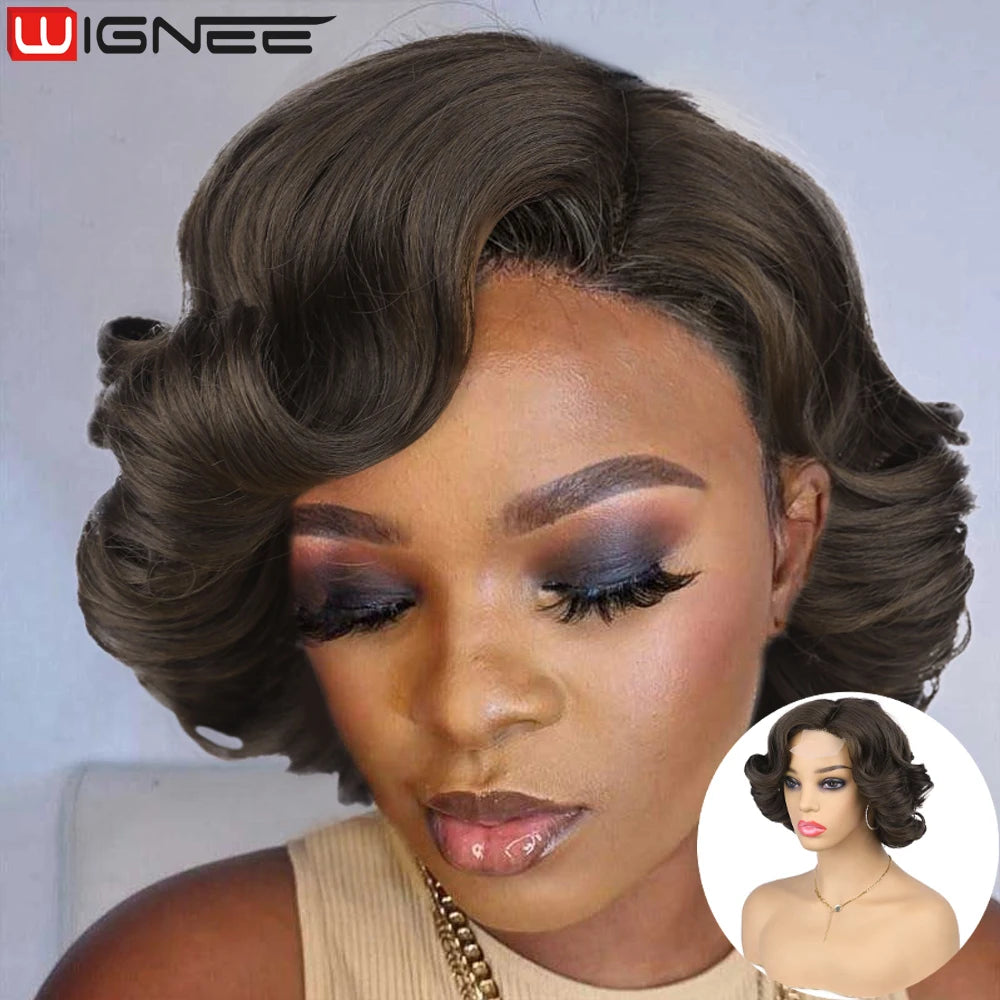 Crown & Glory Wigs   WIGNEE Pixie Short Wigs Synthetic Hair Body Wave Wig Side Part Lace Wig Natural Hair Wigs For Women Black Wig Heat Resistant