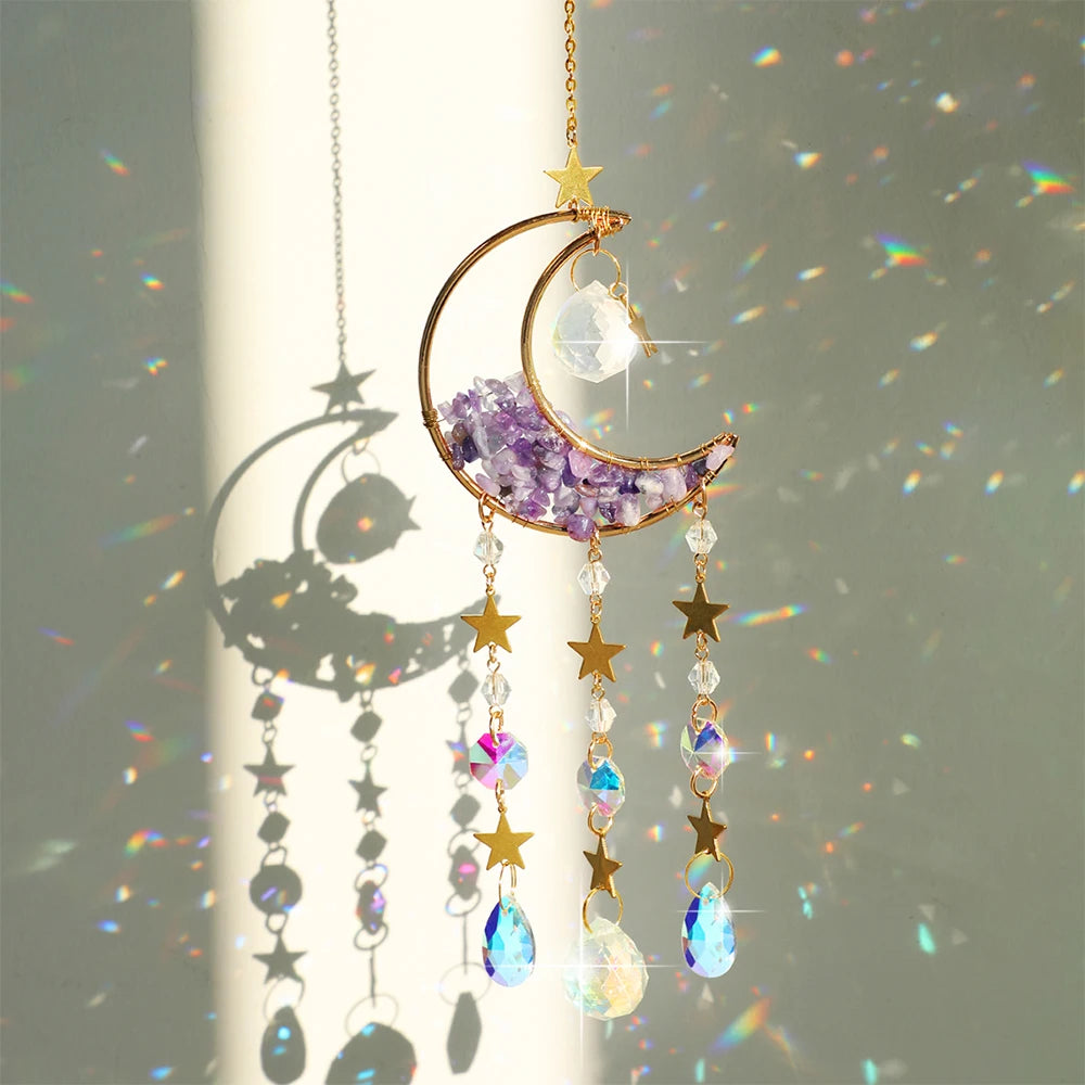 Outdoor Crystal  Suncatcher Moon Amethyst Rainbow Maker Hanging Decor Sun Catcher Light Catcher Xmas Outdoor Window Garden Decoration