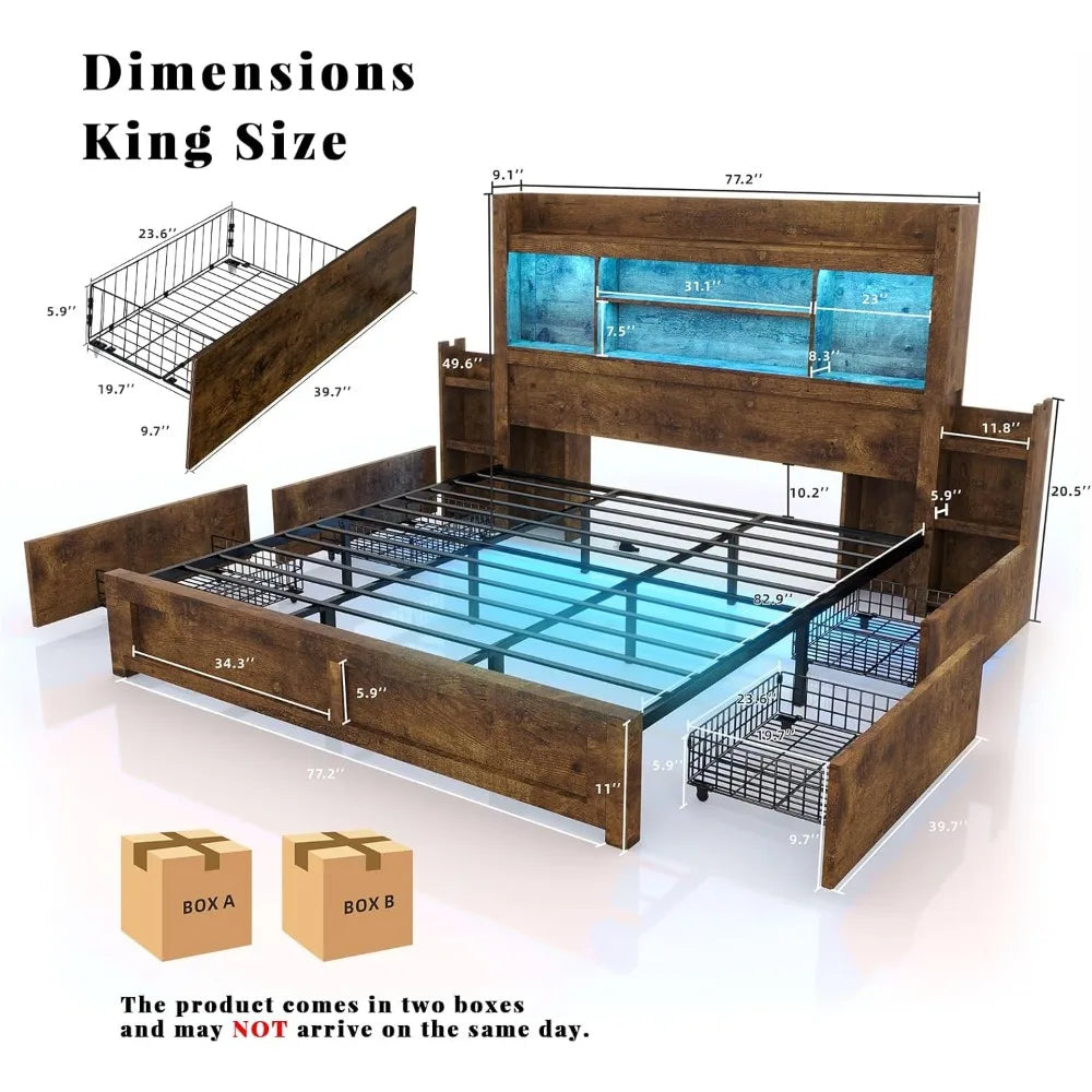 Living Room Queen Bed Frame with 49.6" Bookcase Headboard & 2 Bedside Stoage Racks & Drawers,Wood Bed Frame with RGB LED & Charging Station