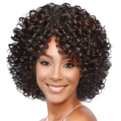 Crown & Glory Wigs Short Curly Hair Wig - 12 Inch Brown Black Mix, Heat Resistant Synthetic Fiber, Women's Hair Replacement