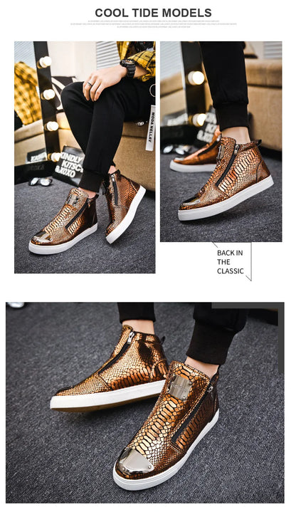 Men shoes  Hot Zipper High Top Sneakers Men Fashion Crocodile Leather Shoes For Men Luxury Golden Casual Sneakers Male Hip Hop Rock Shoes