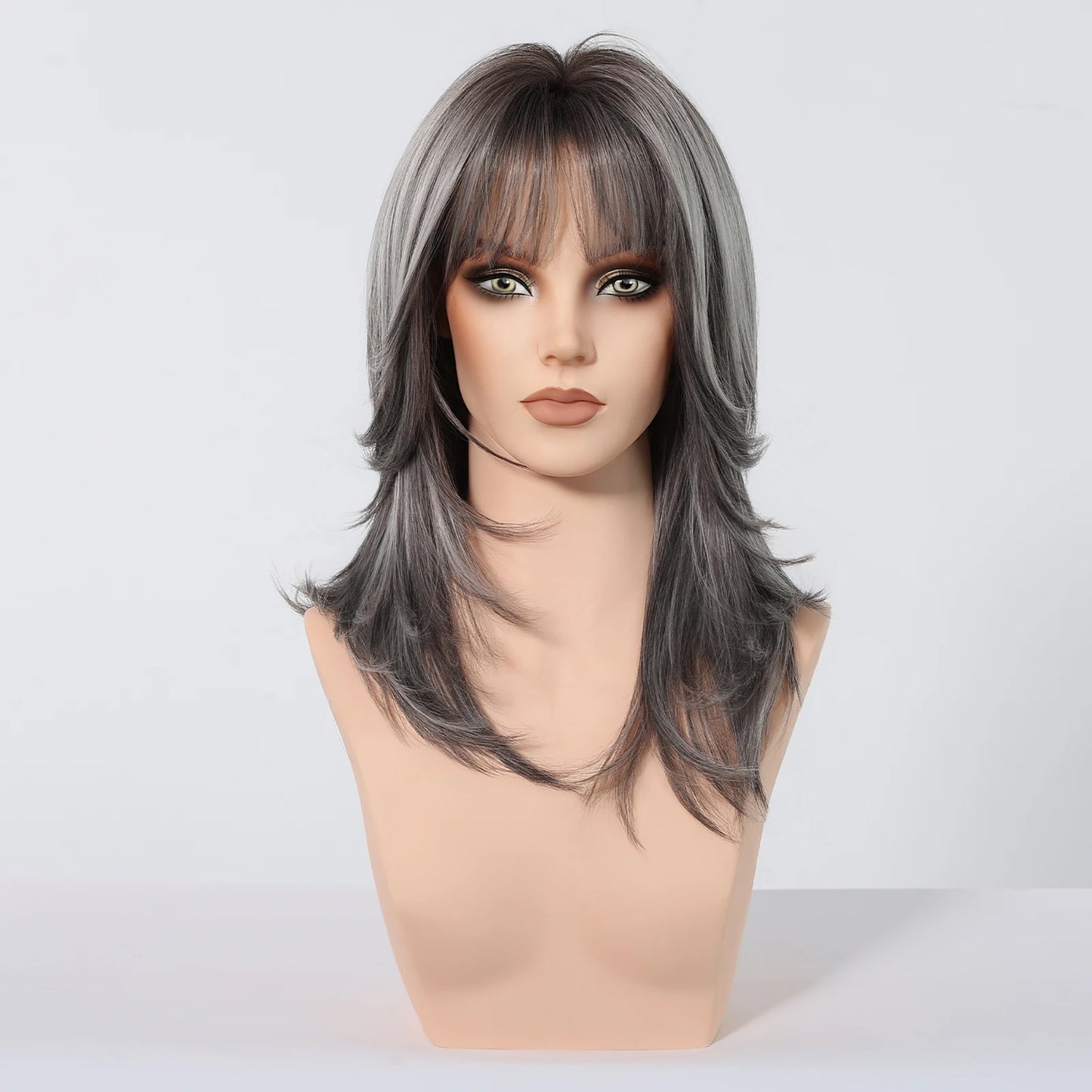 Crown & Glory WigsHENRY MARGU Grey Layered Synthetic Natural Wig Medium Length Straight Wig with Bangs for Women Daily Party Wigs Heat Resistant