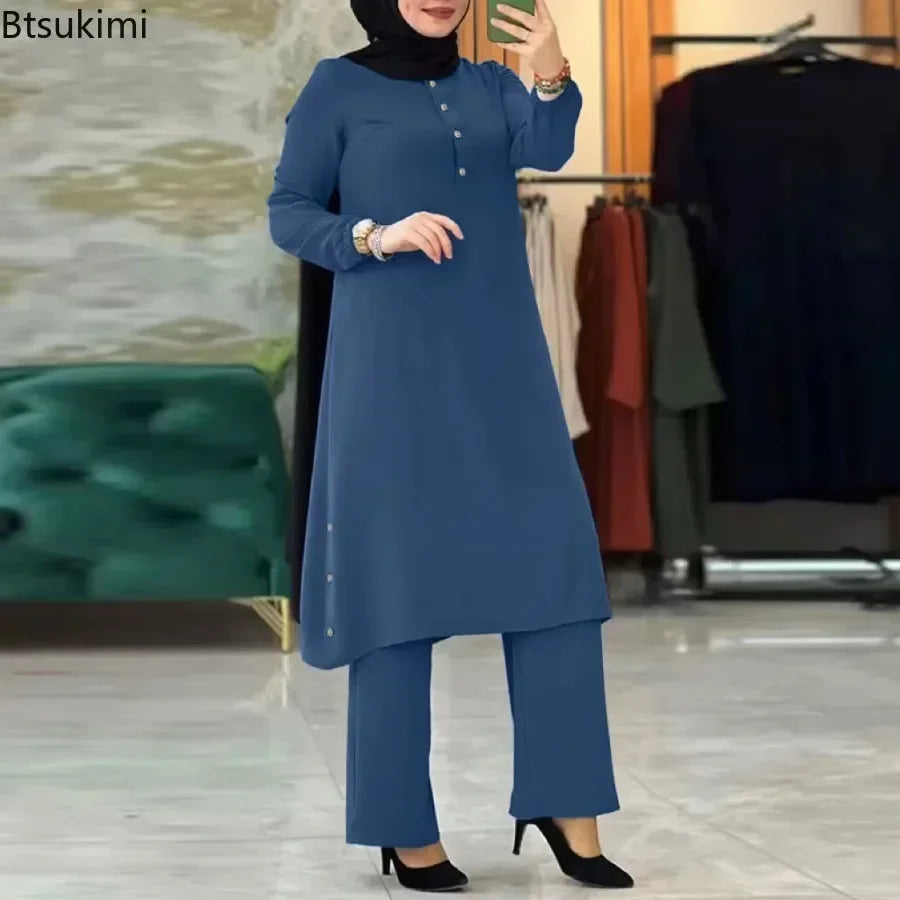 Muslim Family  Arab Women Blouse Muslim Fashion Matching Sets Women's Elegant Tracksuit Casual Solid Shirt+Wide Leg Pants Suit Modest Clothing