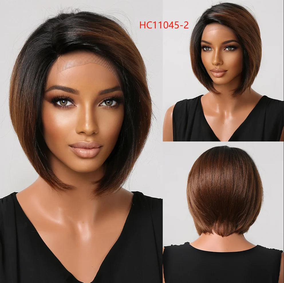 Crown & Glory Wigs   Brown Blonde Lace Front Wigs Short Straight Bob Synthetic Lace Frontal Wig with Baby Hair for Women Blunt Cut Natural Daily Hair