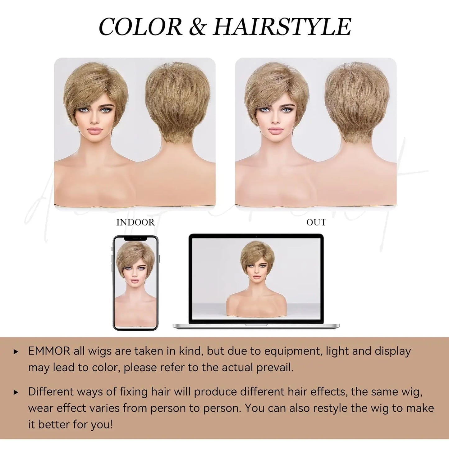 Crown & Glory Wigs Pixie Cut Short Bob Wigs with Bang Brown Blonde Layered Straight Kanekalon Synthetic Wig Human-hair Like Texture Natural Daily