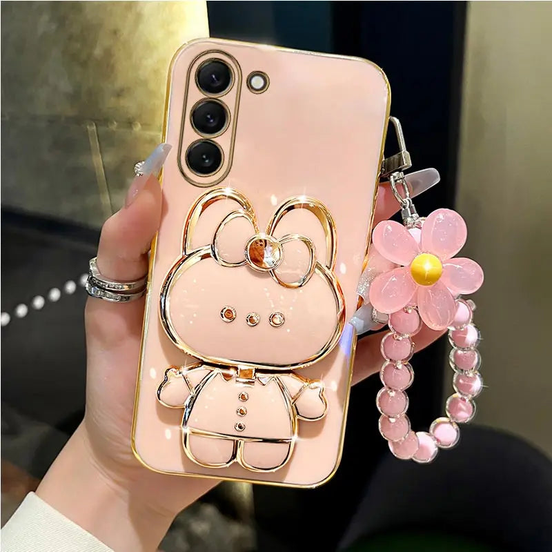 Makeup and face  Make Up Mirror Rabbit Flower Strap Case For Samsung Galaxy S24 S23 FE Plus Ultra Fan Edition