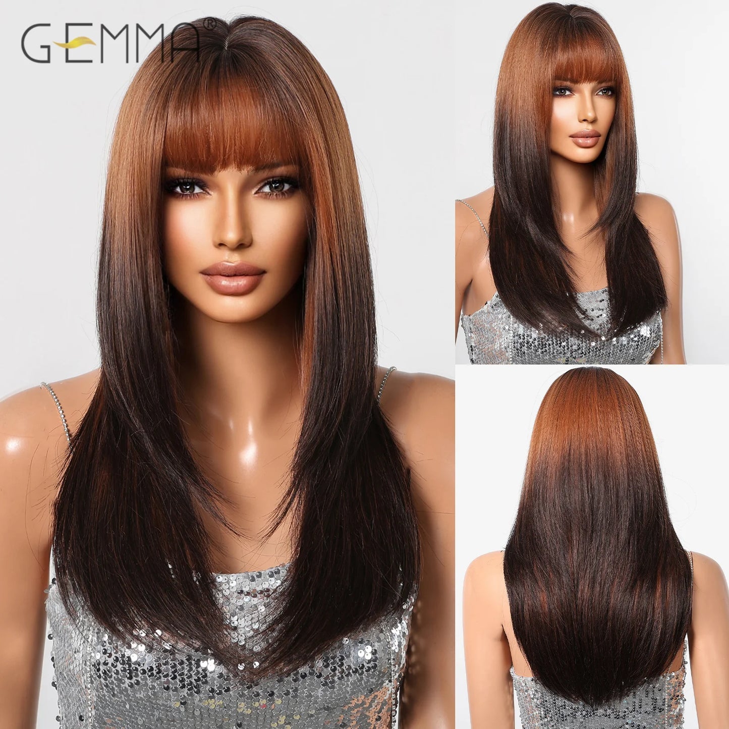 Crown & Glory Wigs  Mixed Brown Blonde Synthetic Long Straight Layered Wig Natural Hair Cosplay Party Wigs with Bangs for Women Afro Heat Resistant