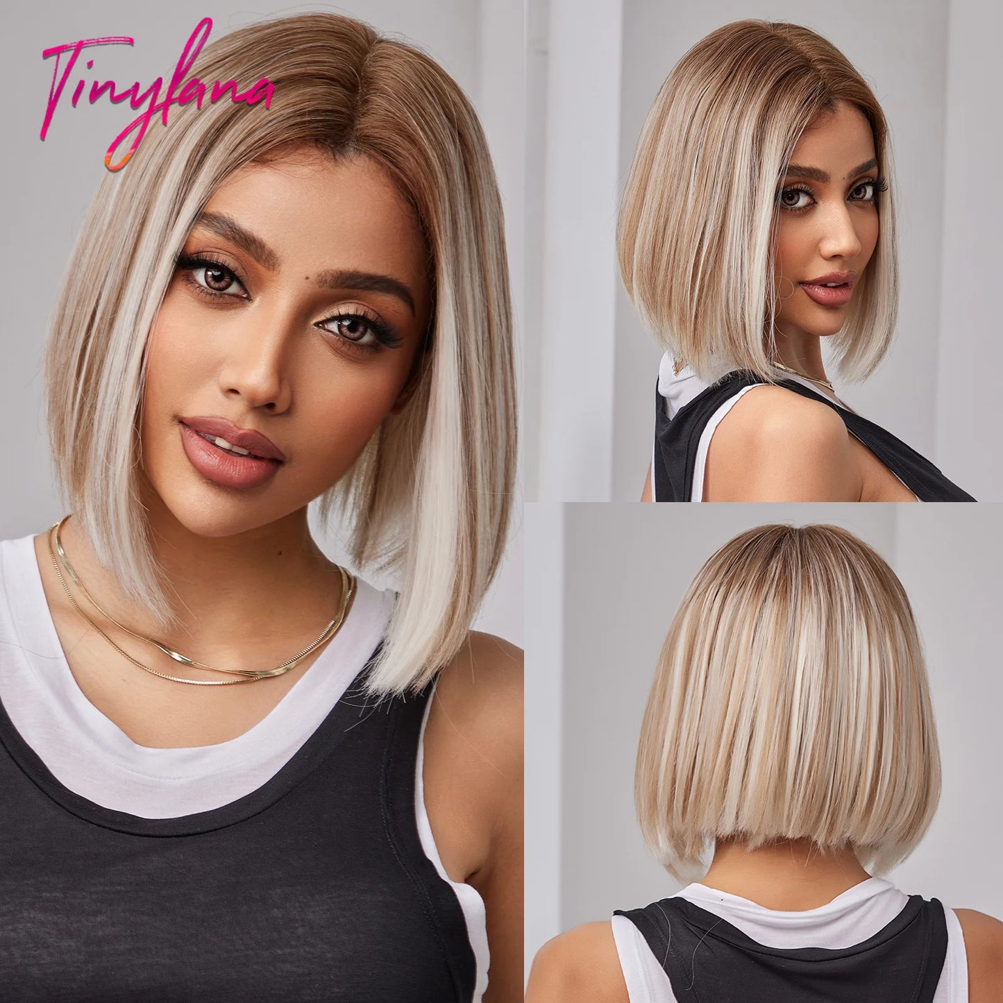 Crown & Glory Wigs   Brown Blonde Lace Front Wigs Short Straight Bob Synthetic Lace Frontal Wig with Baby Hair for Women Blunt Cut Natural Daily Hair