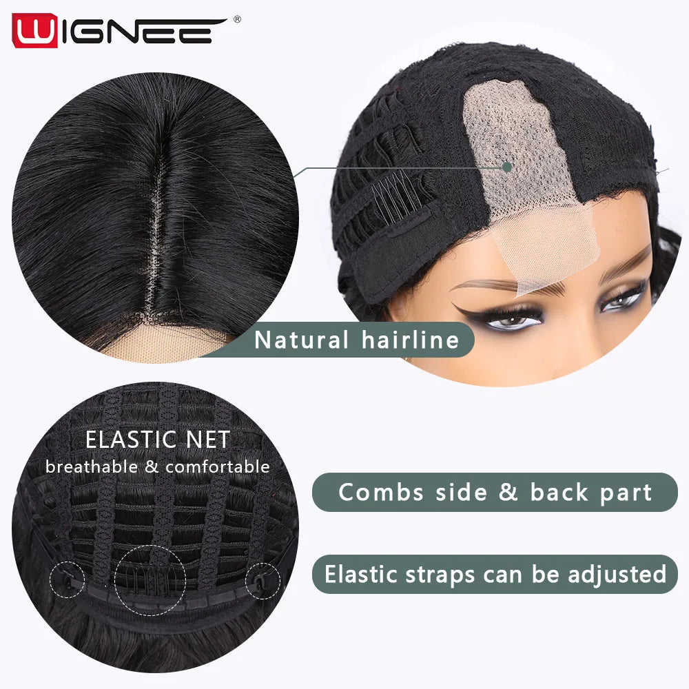 Crown & Glory Wigs   WIGNEE Pixie Short Wigs Synthetic Hair Body Wave Wig Side Part Lace Wig Natural Hair Wigs For Women Black Wig Heat Resistant