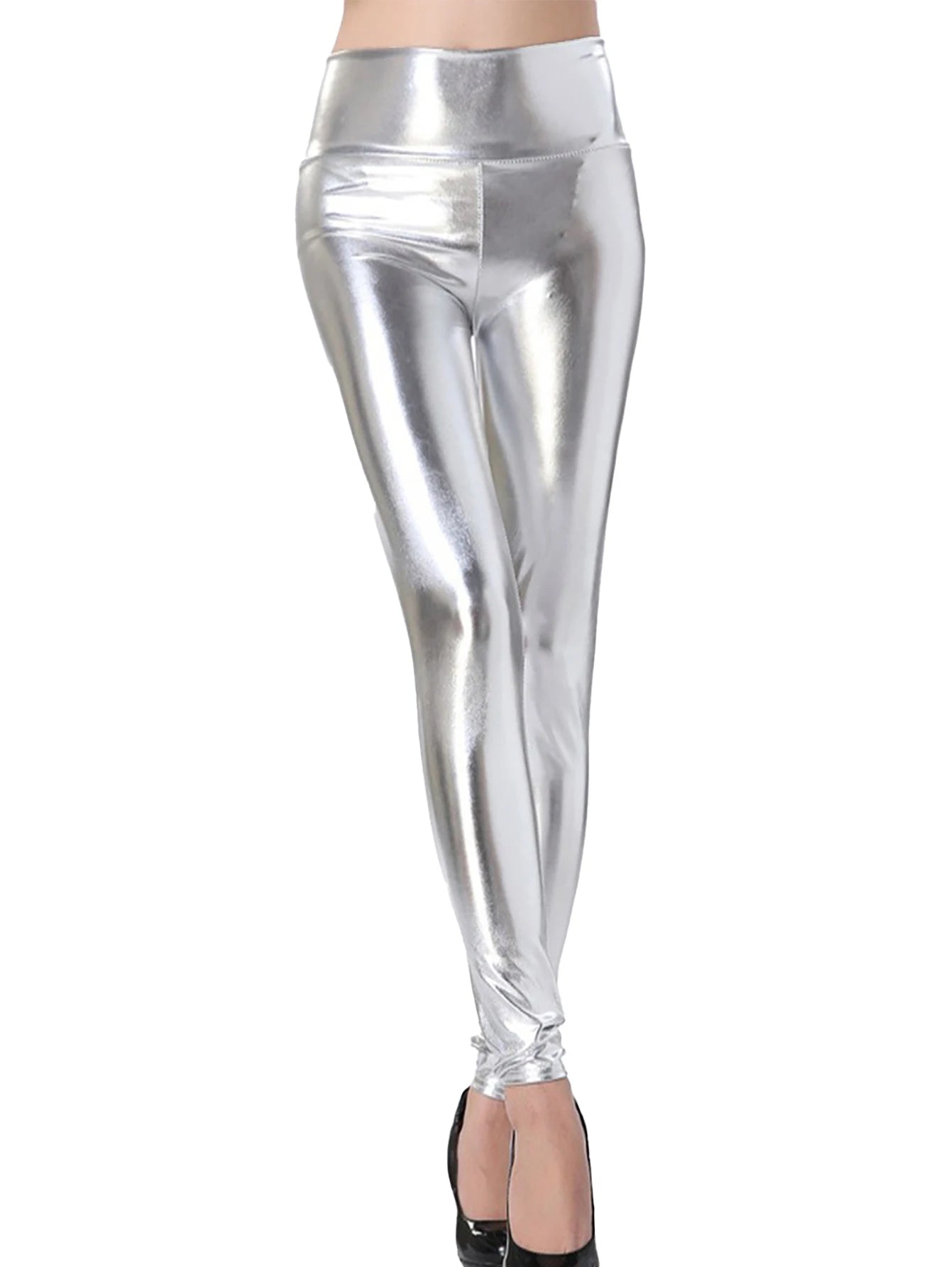 Woman clothing   European And American Fashion PU Silver Bright Leather Nine-point Pants High Waist Tight Imitation Leather Night Club Leggings