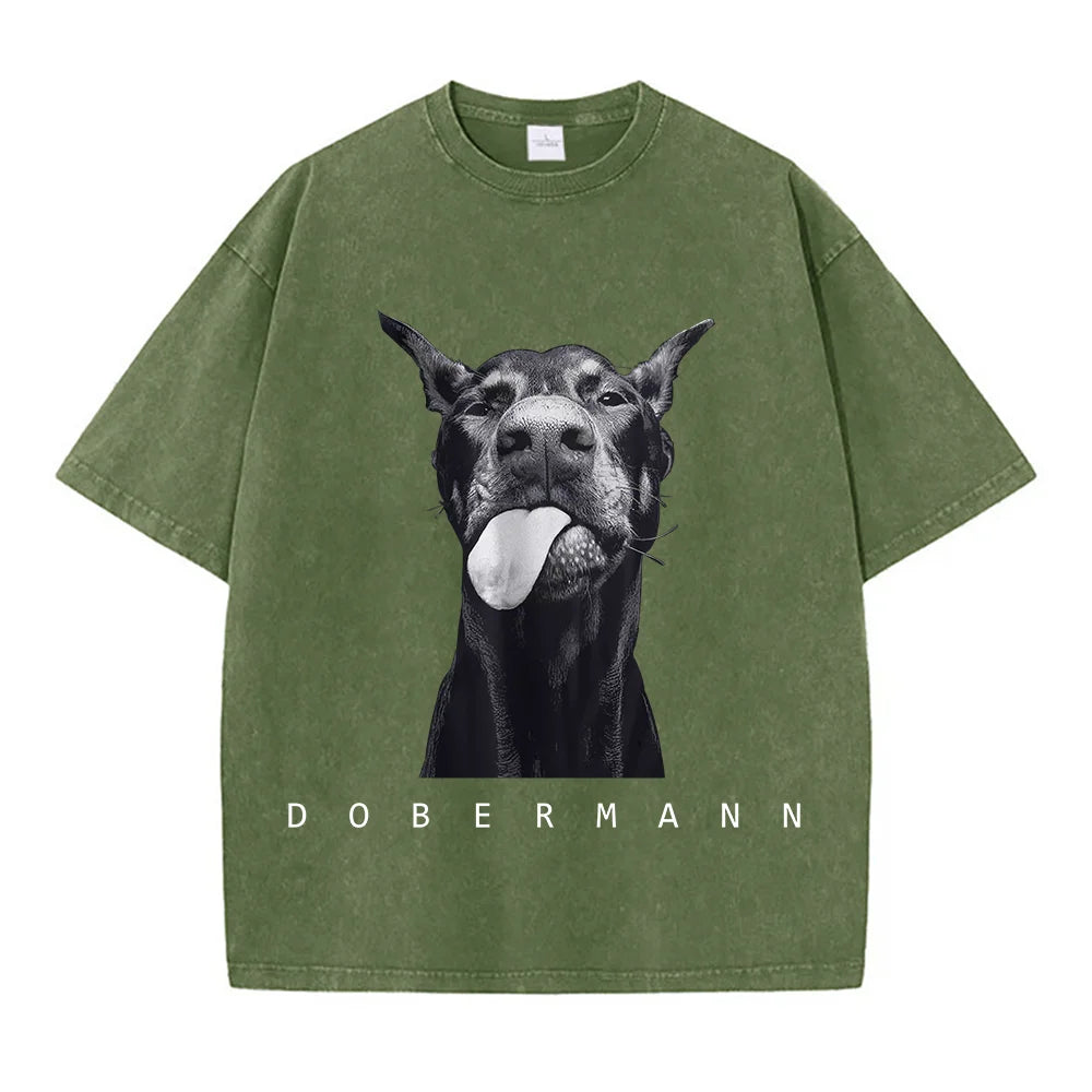 Woman clothing   Cotton Washed T-Shirts Fashion Creativity Doberman Printing Short Sleeve