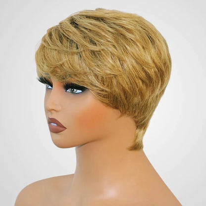 Crown & Glory Wigs  Human Hair Short Wigs For Black Women Straight Bob Pixie Honey Blonde Brazilian No Lace Front Wig With Bang