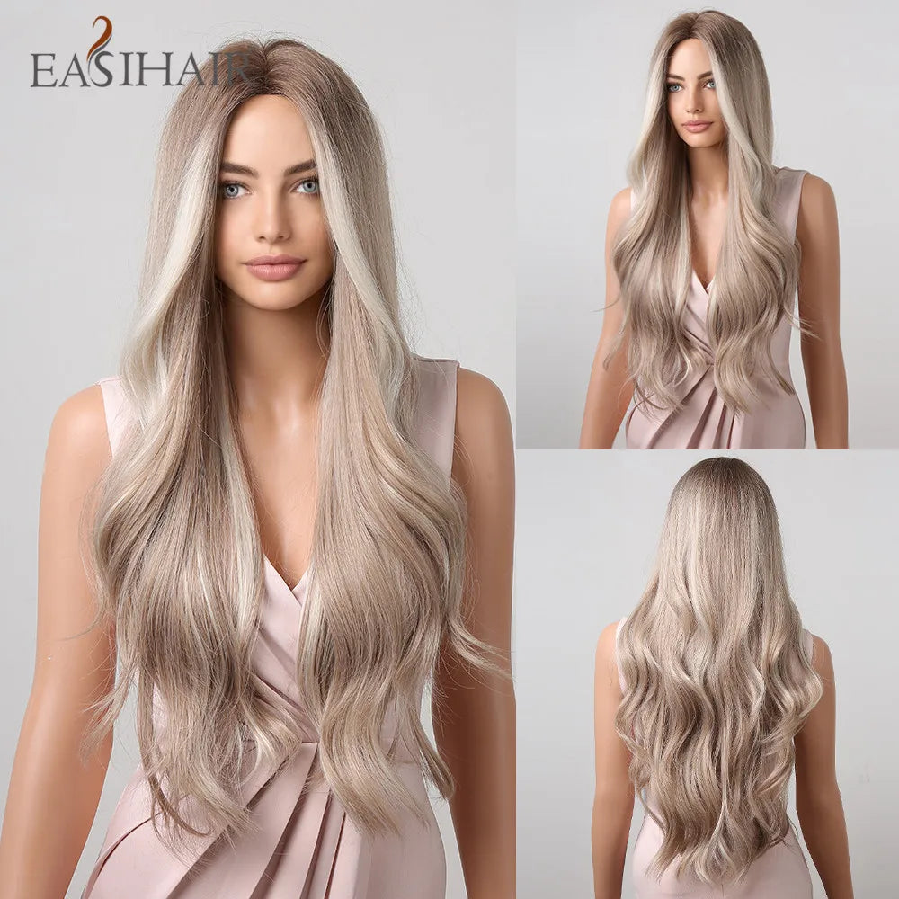 Crown & Glory Wigs EASIHAIR Ombre Brown Light Blonde Platinum Long Wavy Middle Part Hair Wig Cosplay Natural Heat Resistant Synthetic Wig for Women