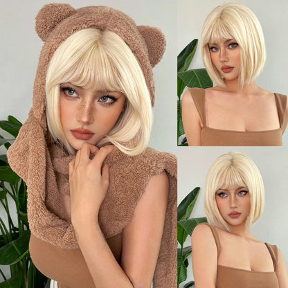 Crown & Glory Wigs  HENRY MARGU Brown Highlight Bob Wig Mixed Color Synthetic Hair for Women Natural Short Straight Wigs with Bangs High Temperature